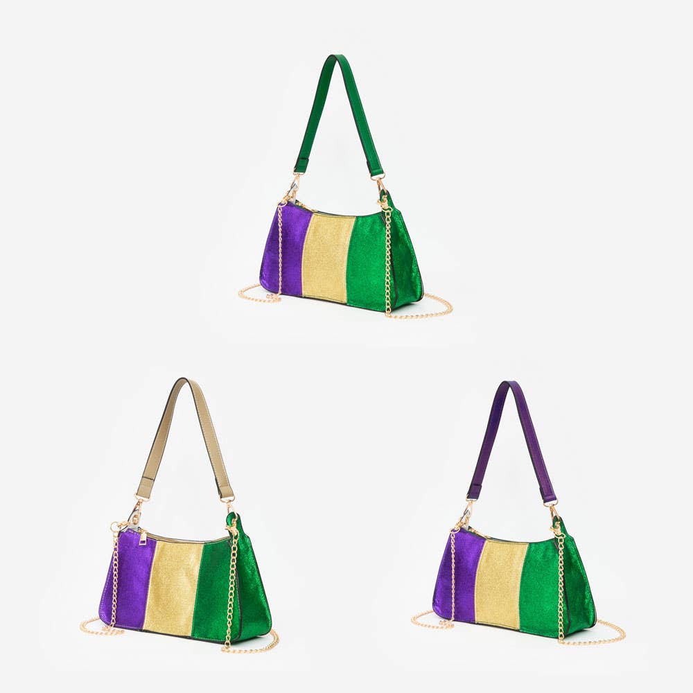 Faux Leather Mardi Gras Sparkle Front Shoulder Crossbody Bag