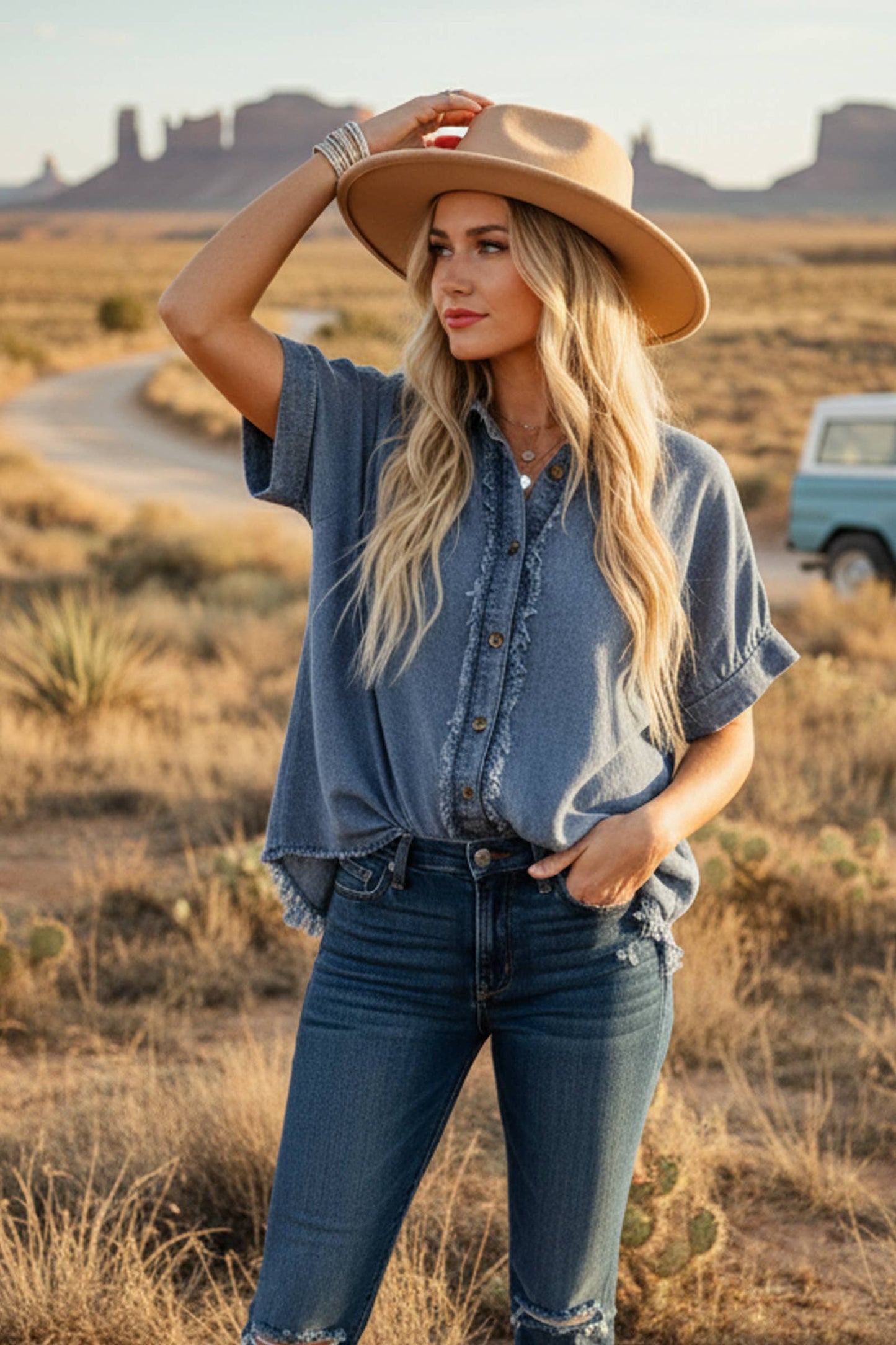 Denim Frayed Trim  Button Top