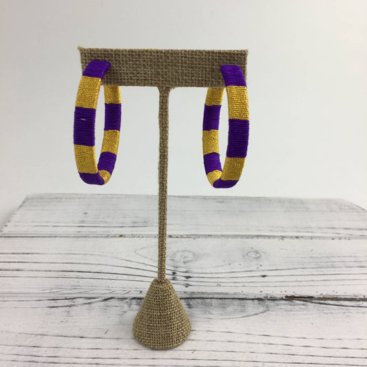 Purple and gold threaded hoop earrings 