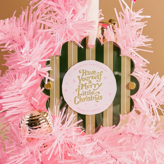 Scalloped Round Picture Frame Ornament-Evergreen Stripes