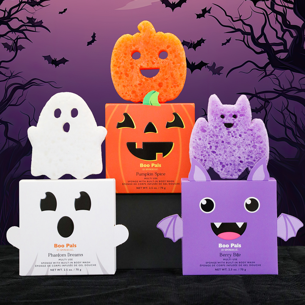 picture of 3 halloween shaped sponges.  one is a ghost, one is a bat and the other a pumpkin