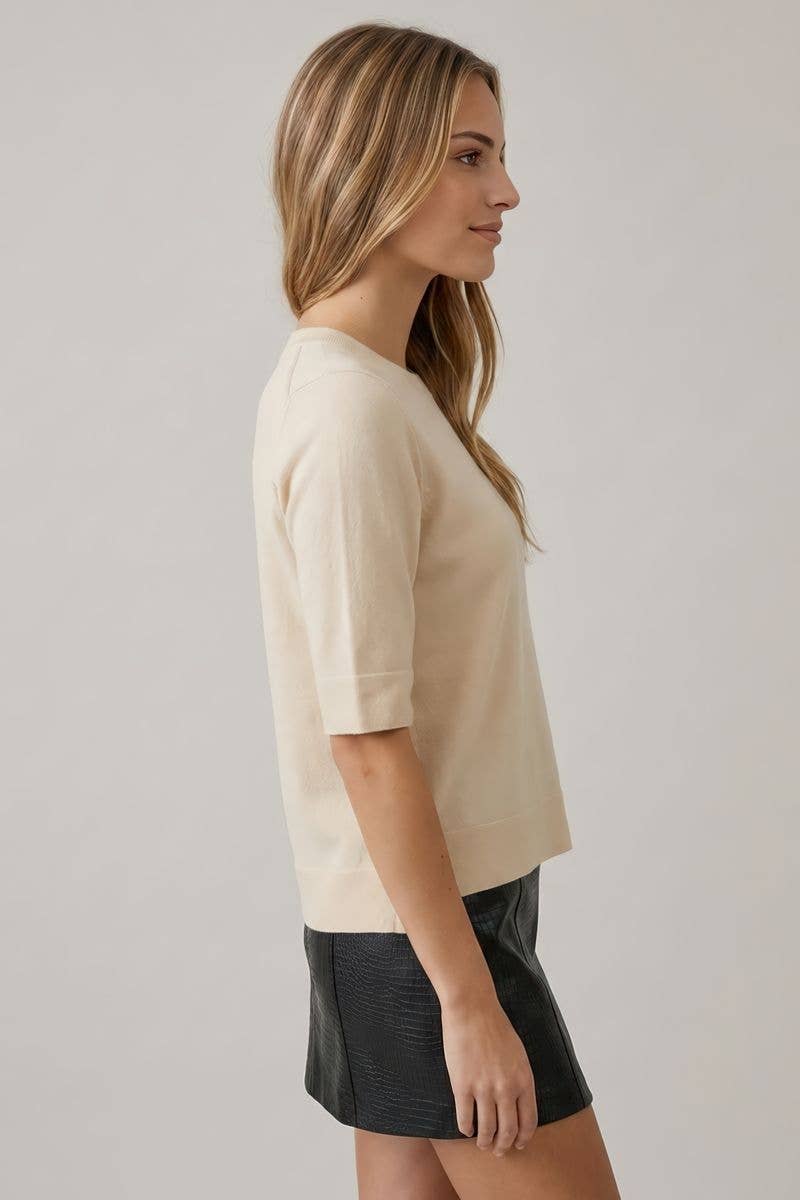 Cream Short Sleeve Knit Top