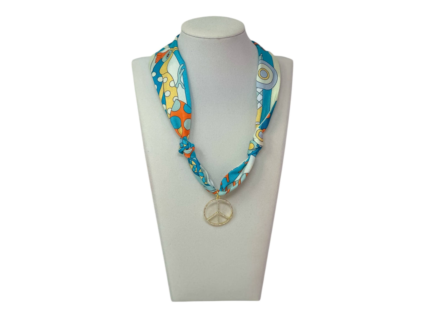 Scarf Charm Necklace - Blue Retro with Rhinestone Peace Sign