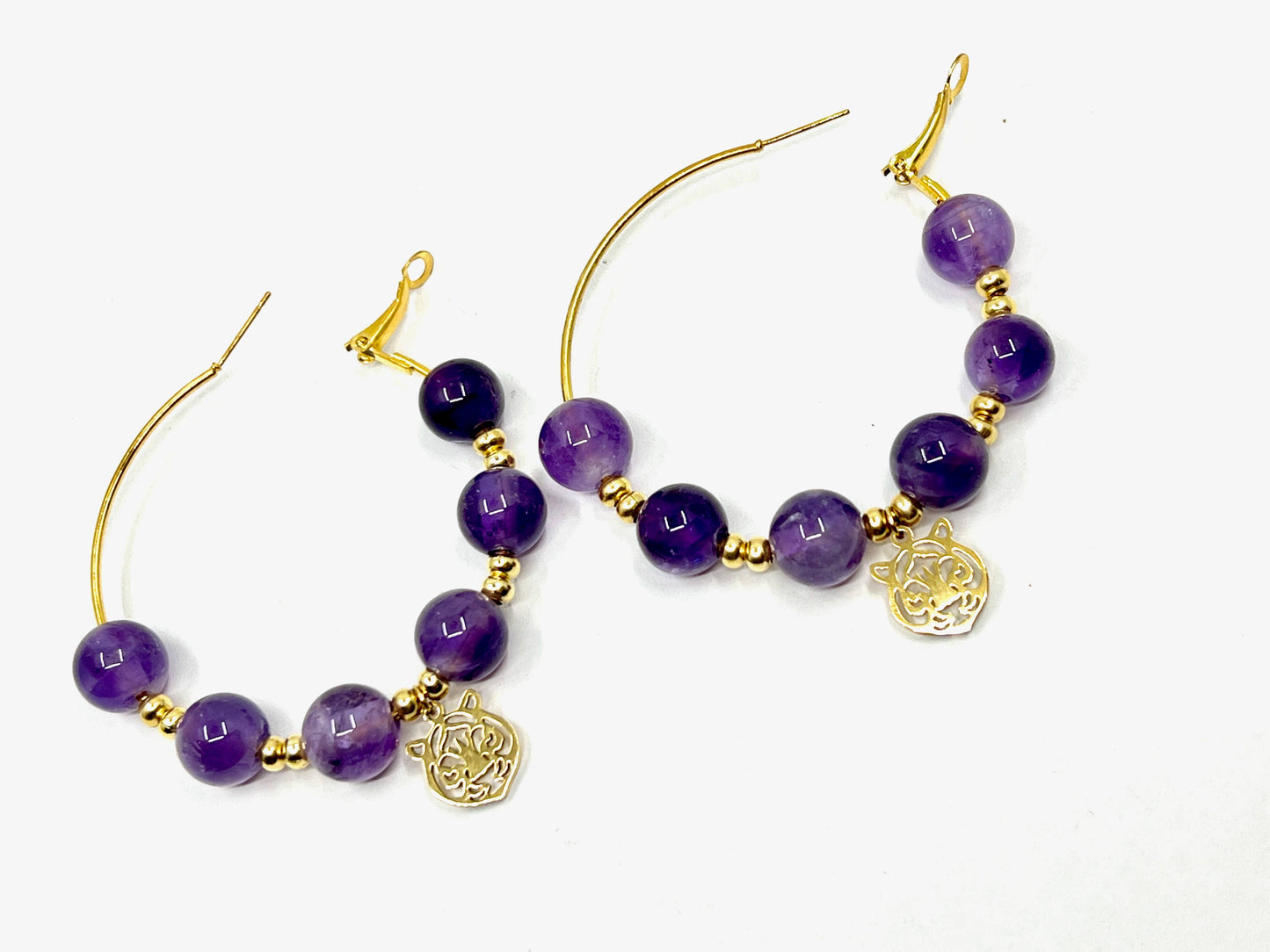 Tiger Hoop Earrings - Gold and Purple (Amethyst)