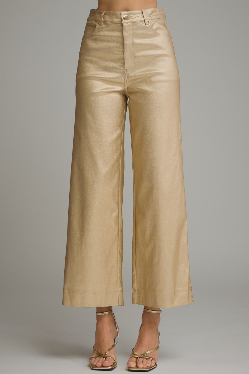 Gold metallic wide leg pants, front view