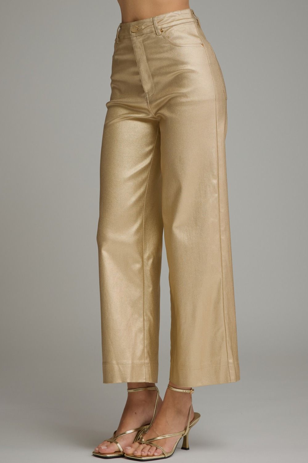 Gold metallic wide leg pants, three-quarter view