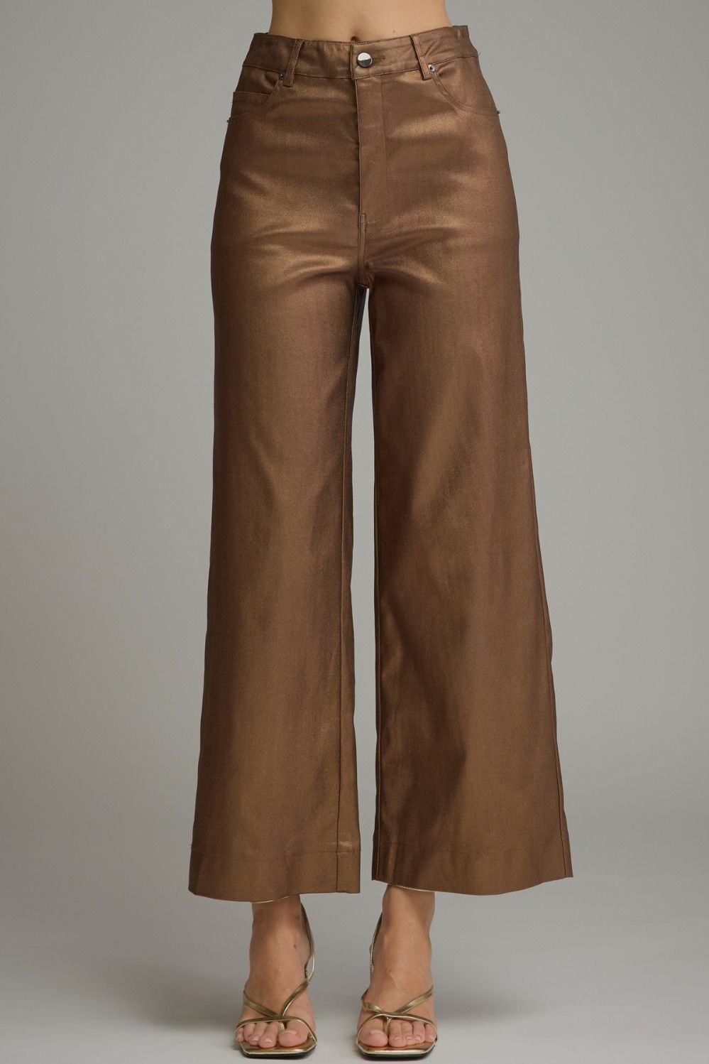Metallic brown wide leg pants, front view