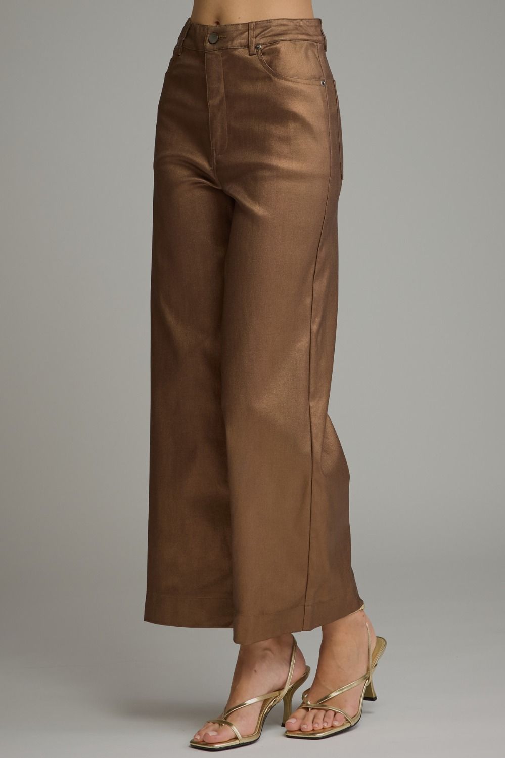 Metallic brown wide leg pants, three-quarter view