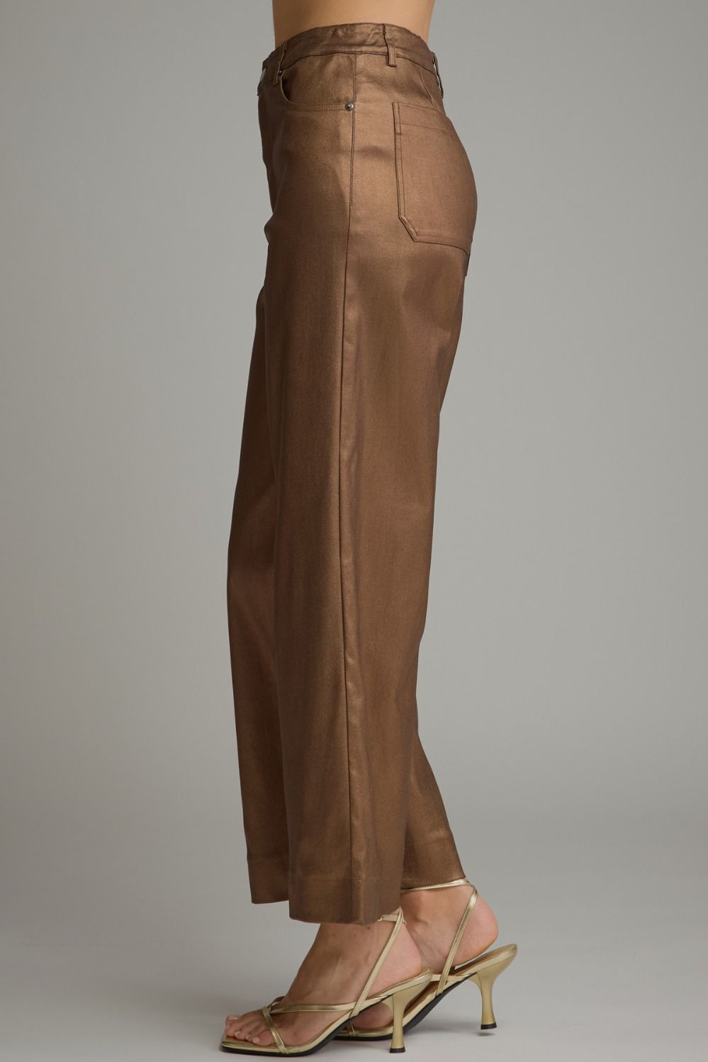 Side view of metallic brown wide leg pants