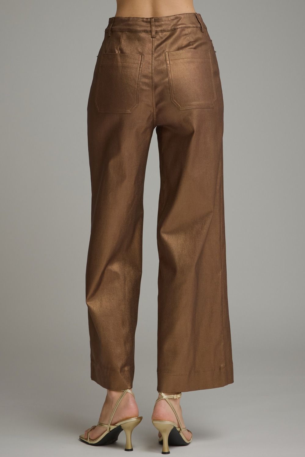 Back view of metallic brown wide leg pants with back pockets