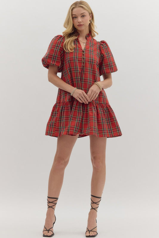 Red Plaid Bubble Sleeve Ruffly hem dress