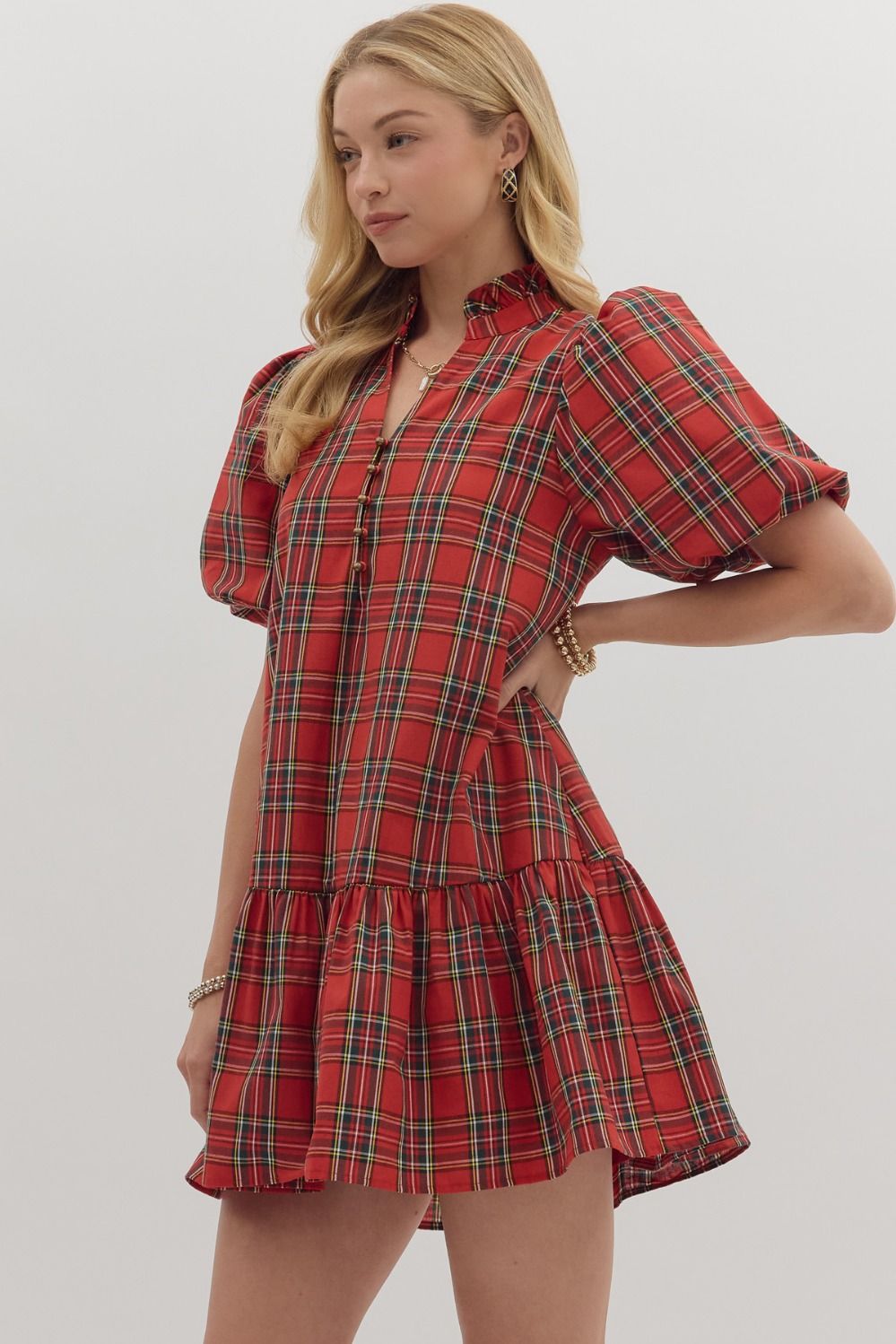 Red Plaid Bubble Sleeve Ruffly hem dress