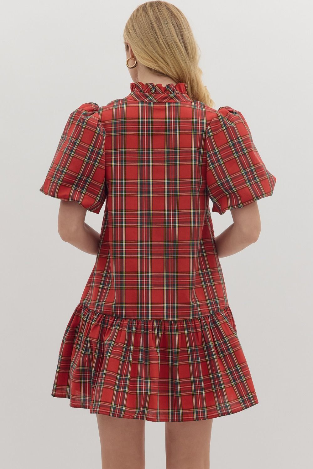 Red Plaid Bubble Sleeve Ruffly hem dress