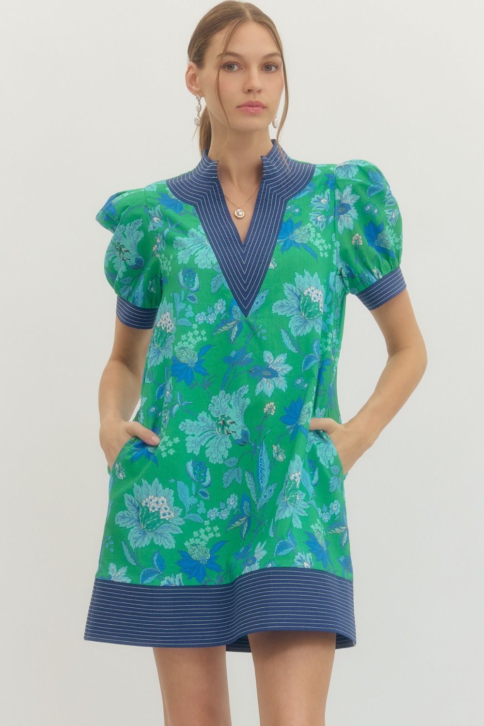 Green with Blue Floral Trim Dress