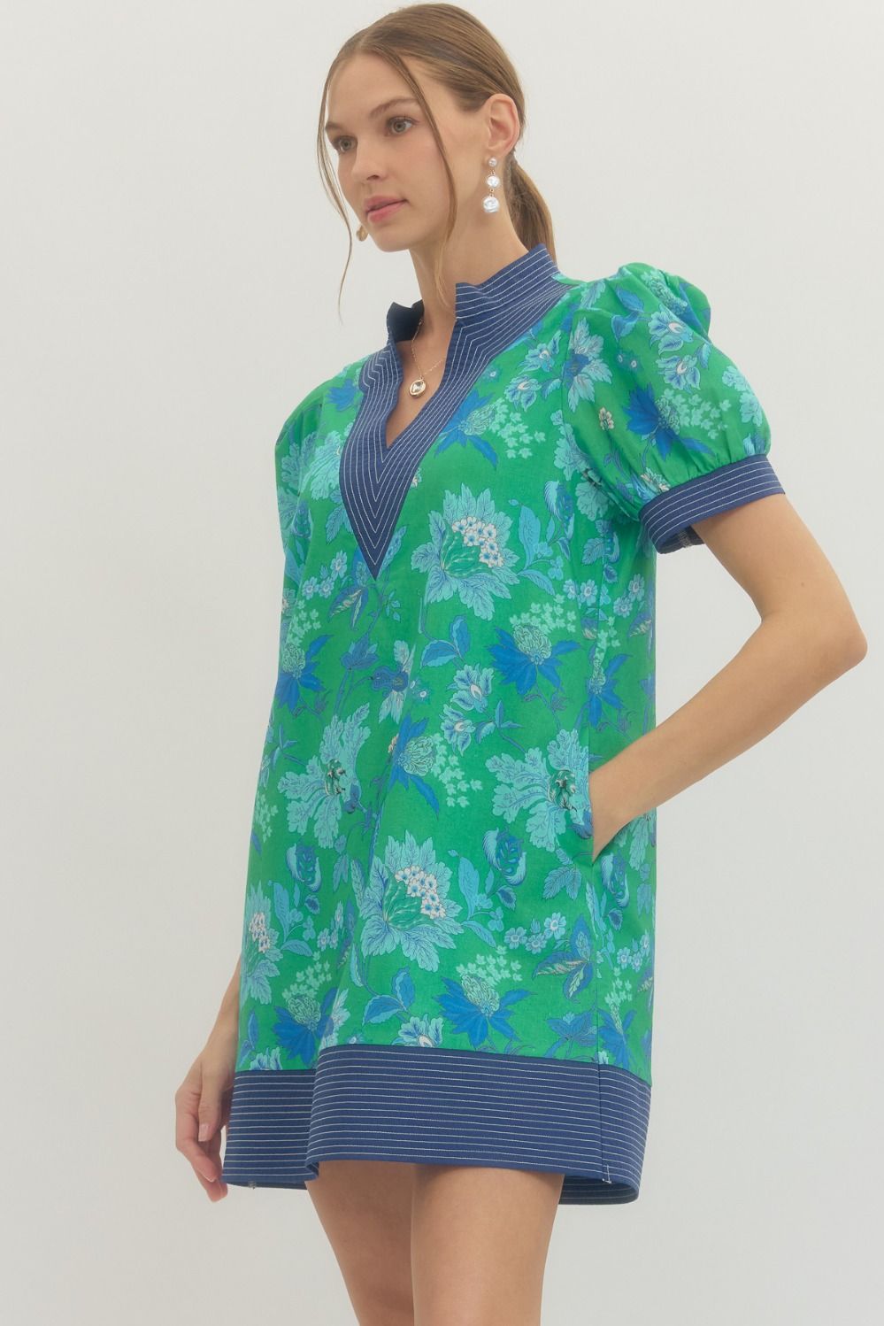 Green with Blue Floral Trim Dress