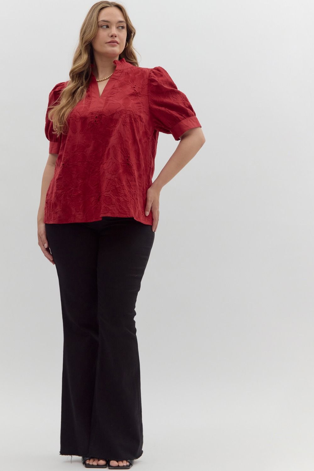 Red Floral Embroidered short Puff Sleeve Top - The Curvy Collection