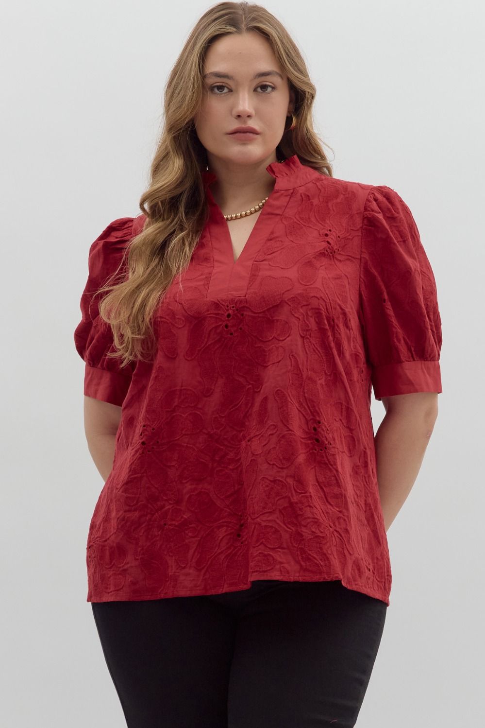 Red Floral Embroidered short Puff Sleeve Top - The Curvy Collection
