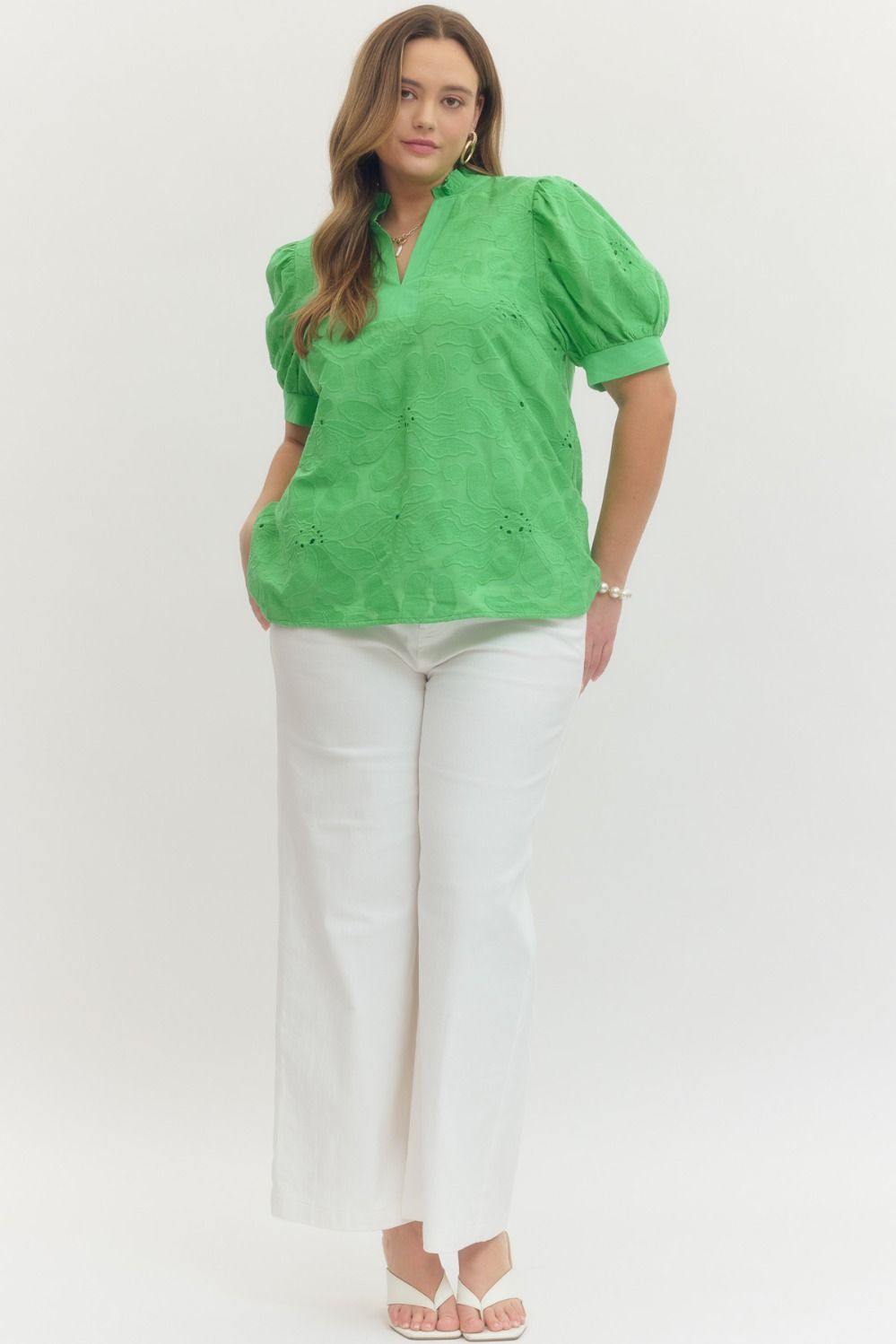 Spring into Green  Floral Embroidered Top Peacock Curves