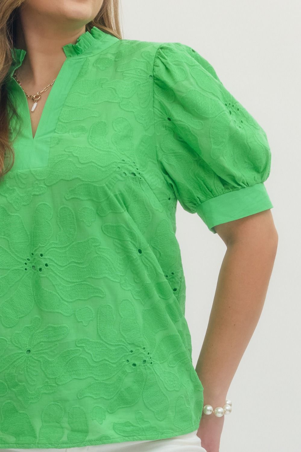 Spring into Green  Floral Embroidered Top Peacock Curves