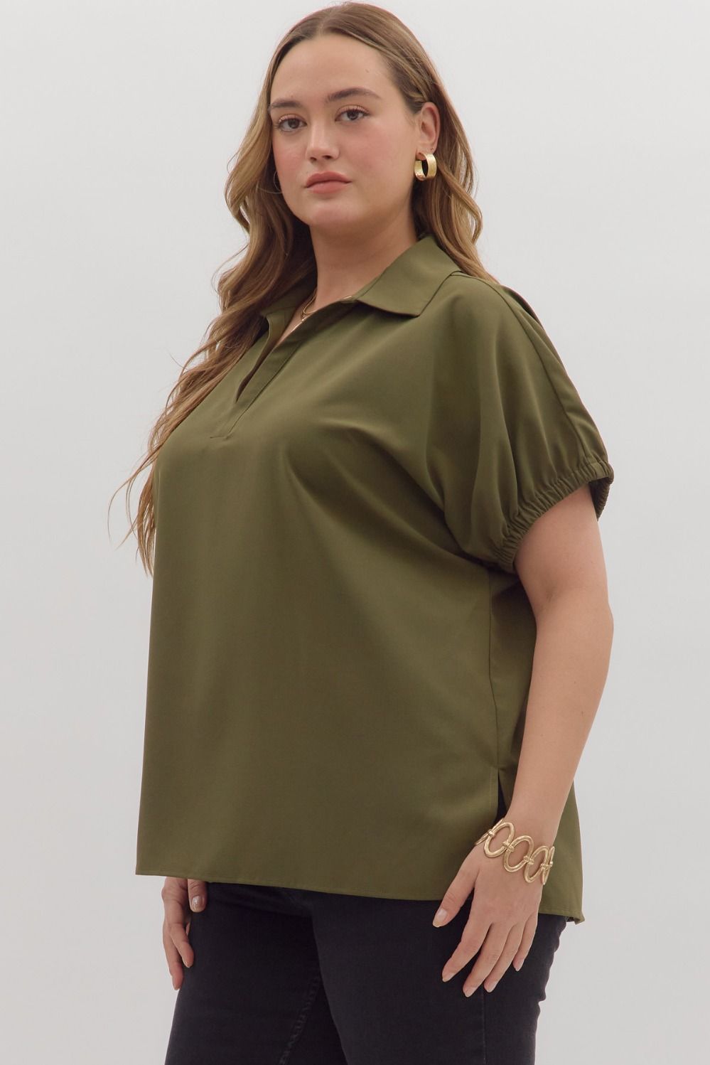 Olive Short Sleeve Split Collar Top - Curvy