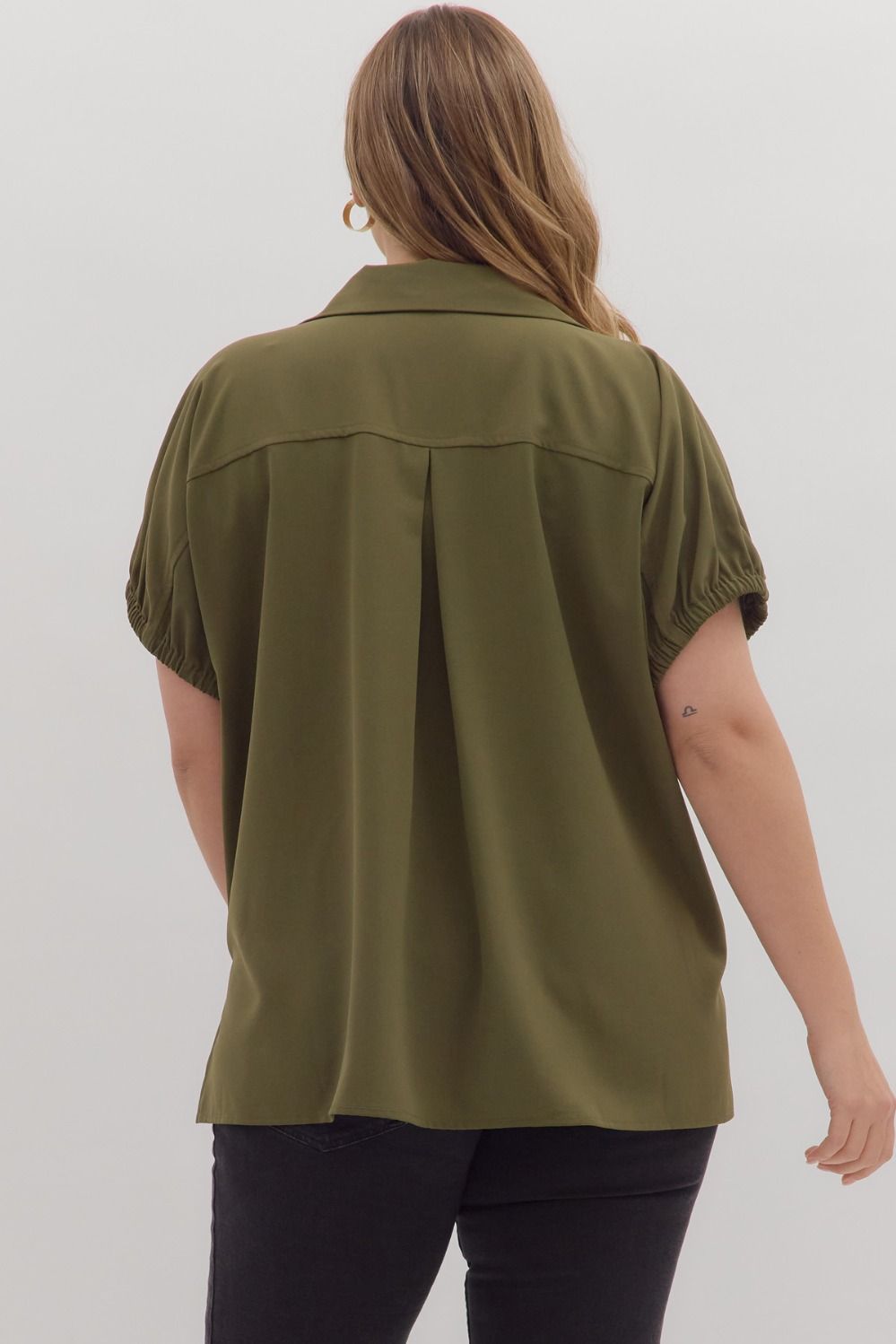 Olive Short Sleeve Split Collar Top - Curvy