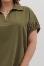 Olive Short Sleeve Split Collar Top - Curvy