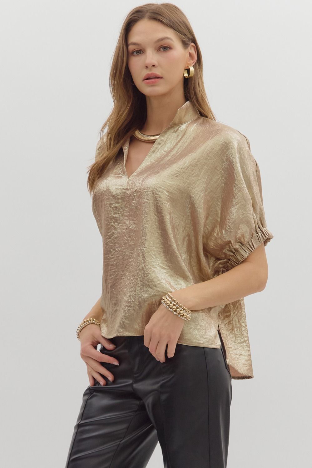 Metallic Gold V Neck Blouse
