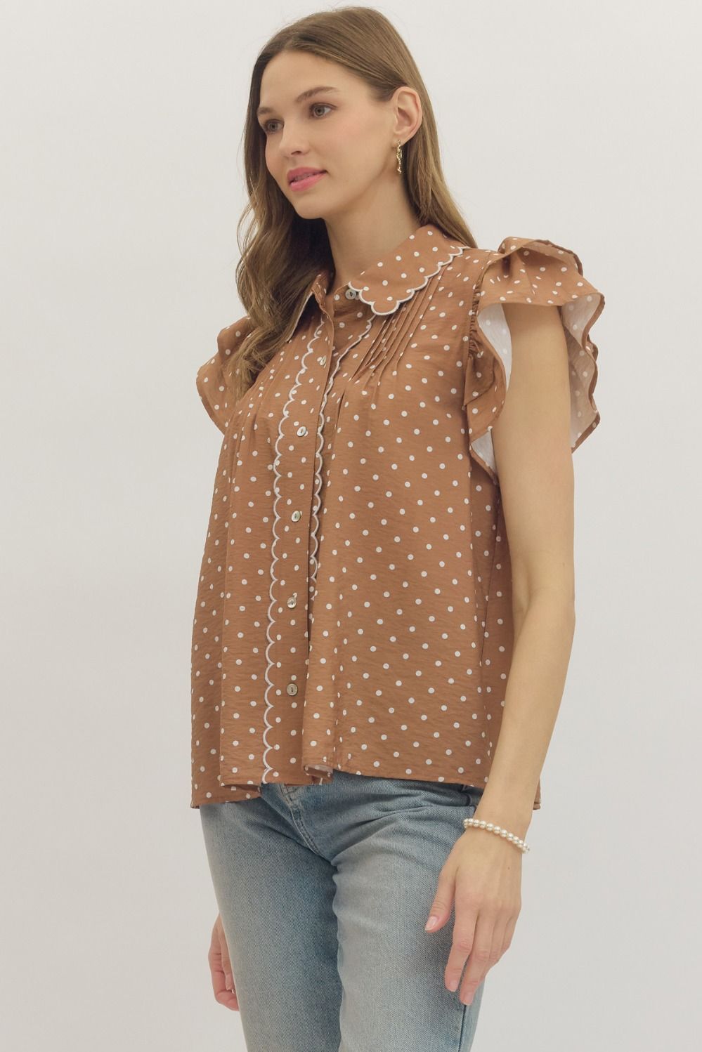 Mocha Frills Flutter Sleeve Top