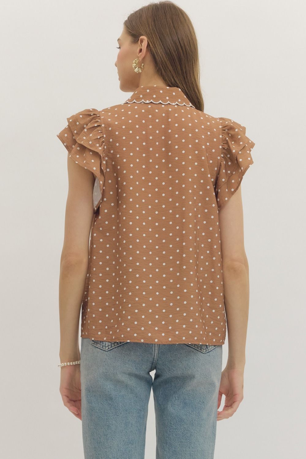 Mocha Frills Flutter Sleeve Top