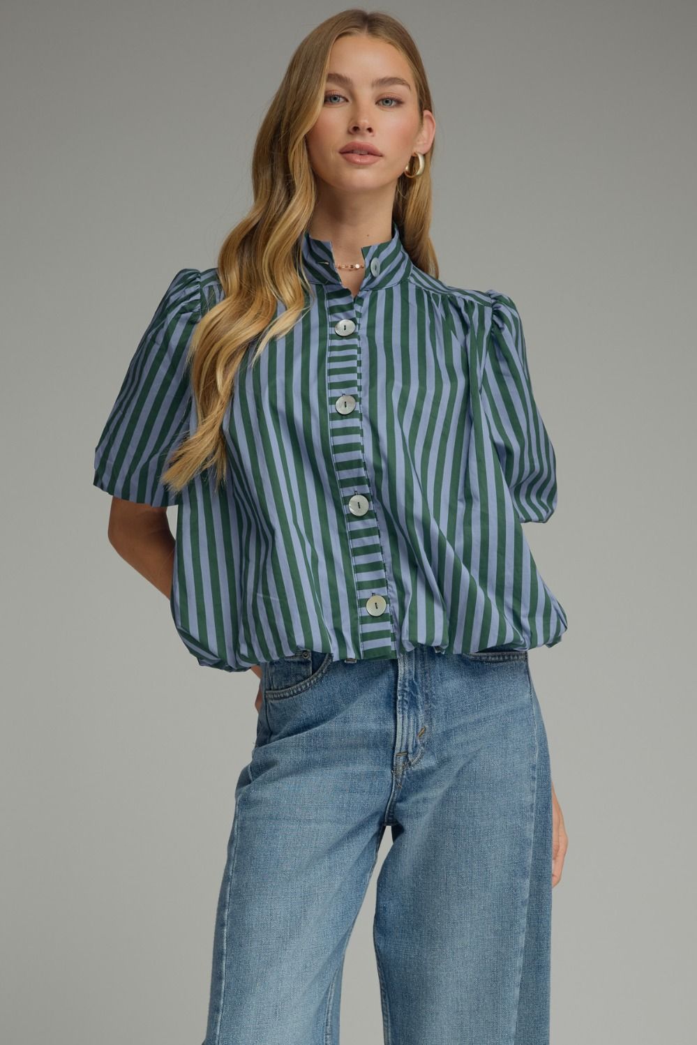 Hunter green and blue stripe puff sleeve band collar top, front view