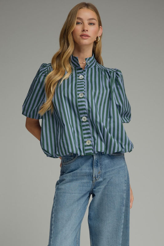 Hunter green and blue stripe puff sleeve band collar top, front view