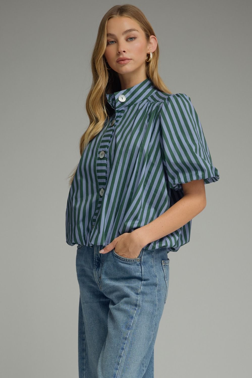 Hunter green stripe button front top with short puff sleeves