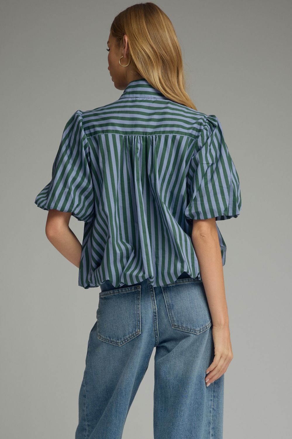 Back view of hunter green stripe top with shirring and elastic hem