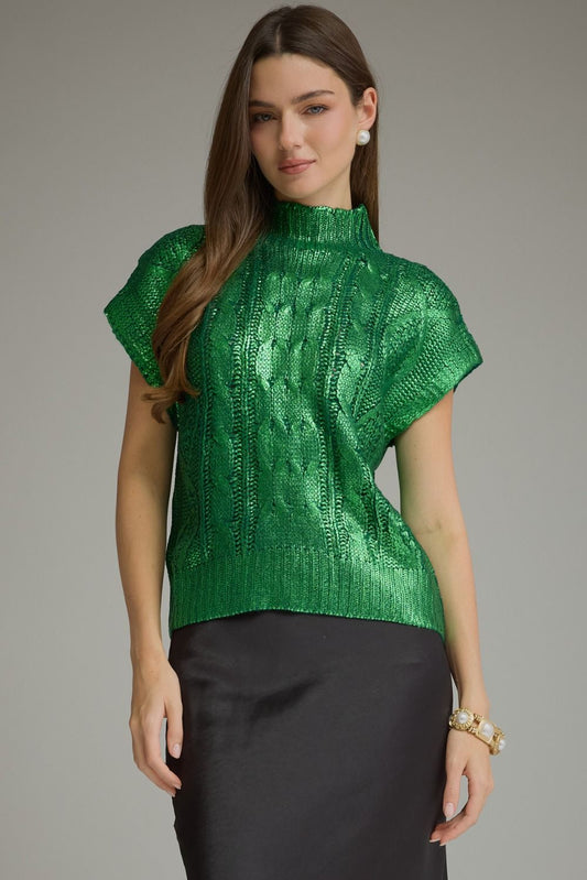 Woman wearing metallic green cable knit mock neck sweater top, front view