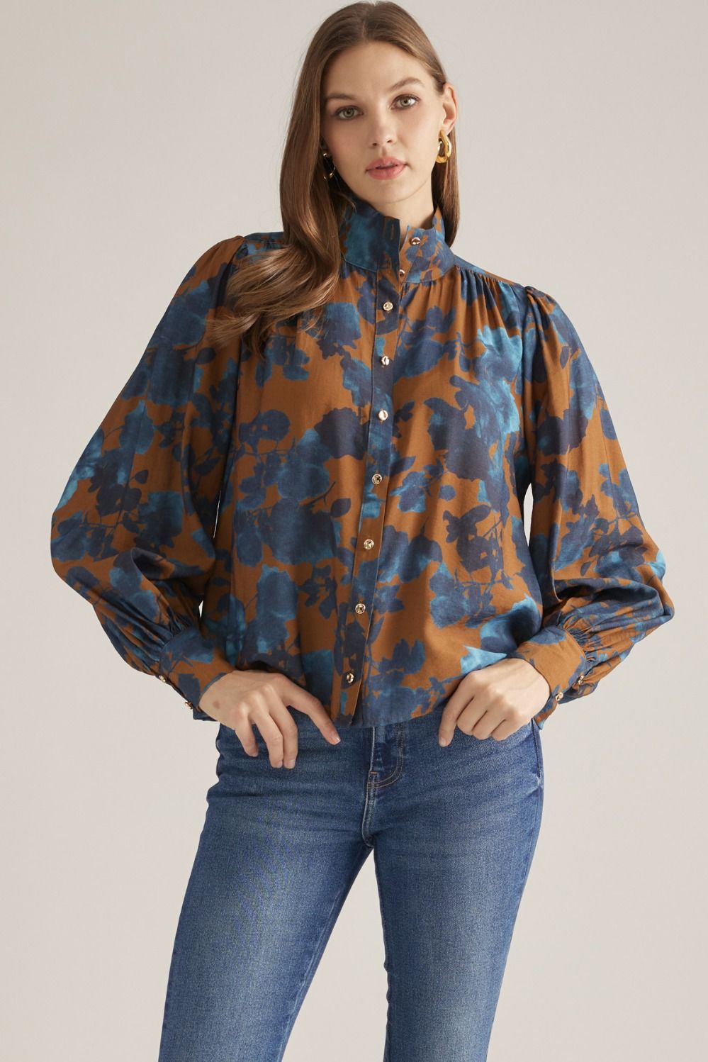 Camel floral stand collar puff sleeve blouse, front view
