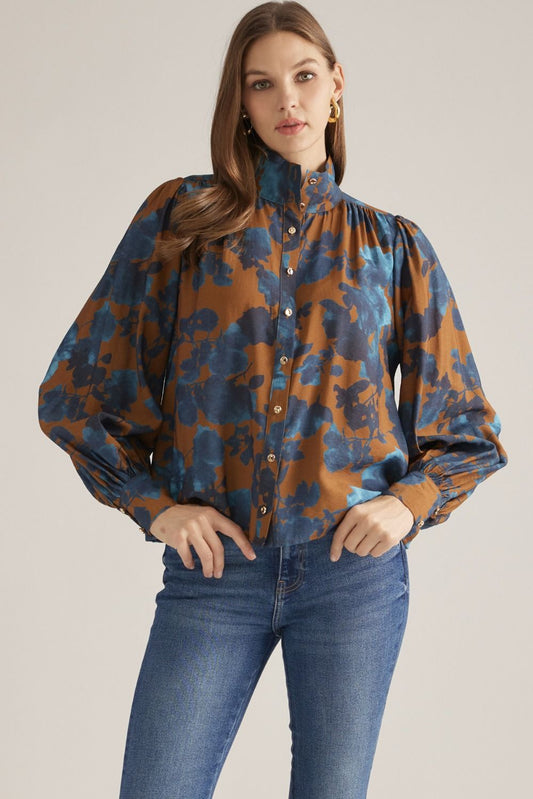 Camel floral stand collar puff sleeve blouse, front view