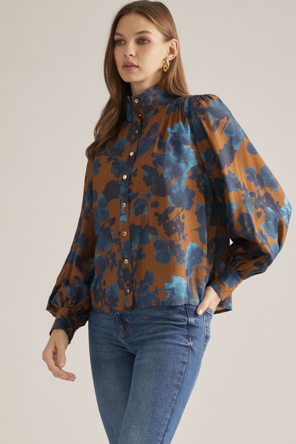 Camel floral long puff sleeve blouse, three-quarter view