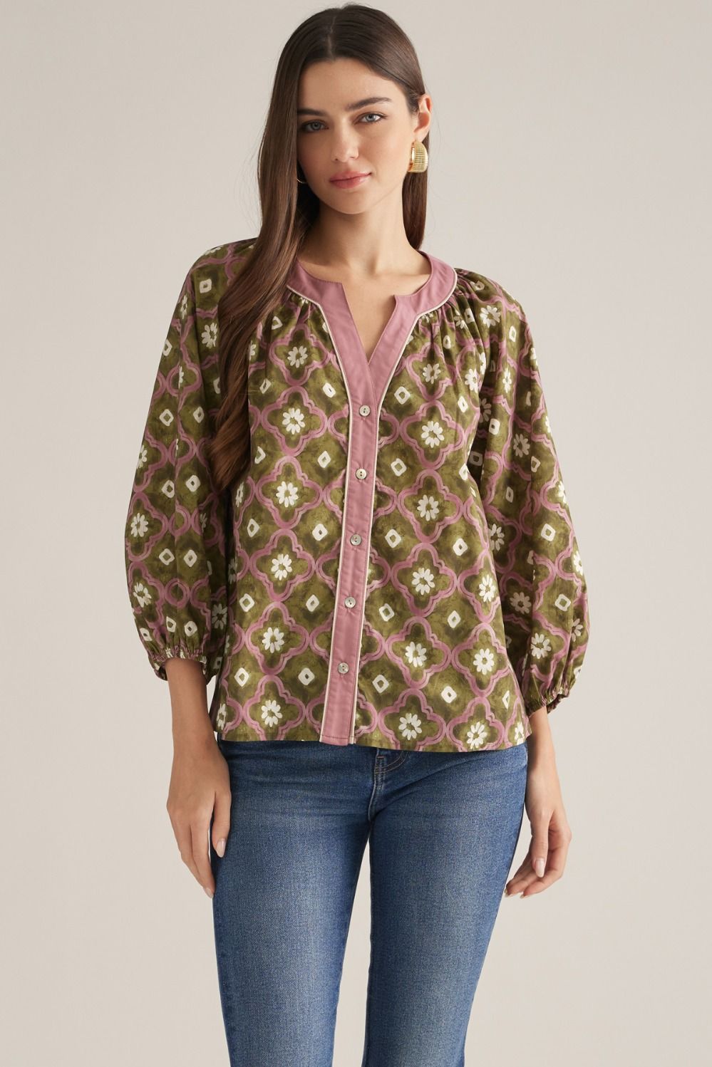 Olive geo floral V-neck puff sleeve top with pink trim, front view