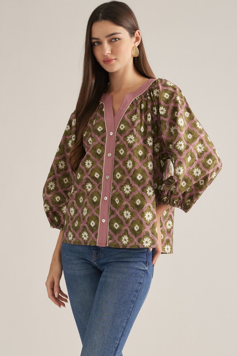 Olive geo floral long puff sleeve top, three-quarter view