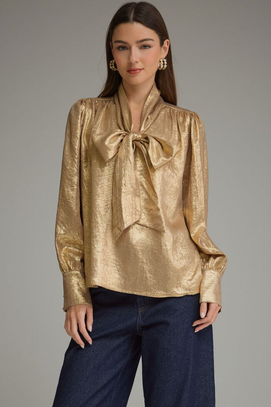 Gold metallic tie neck bow blouse, front view