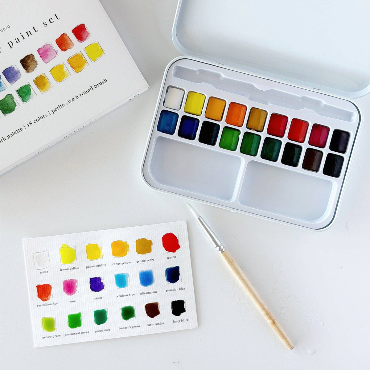 Paint set with swatch card and brush