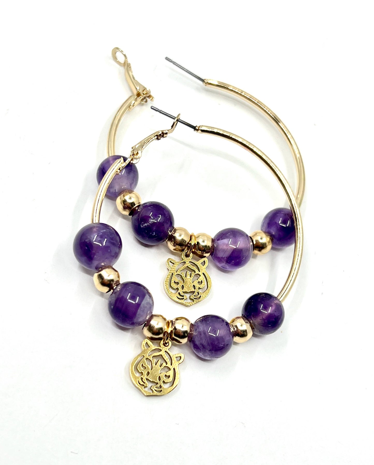 Tiger Hoop Earrings - Gold and Purple (Amethyst)