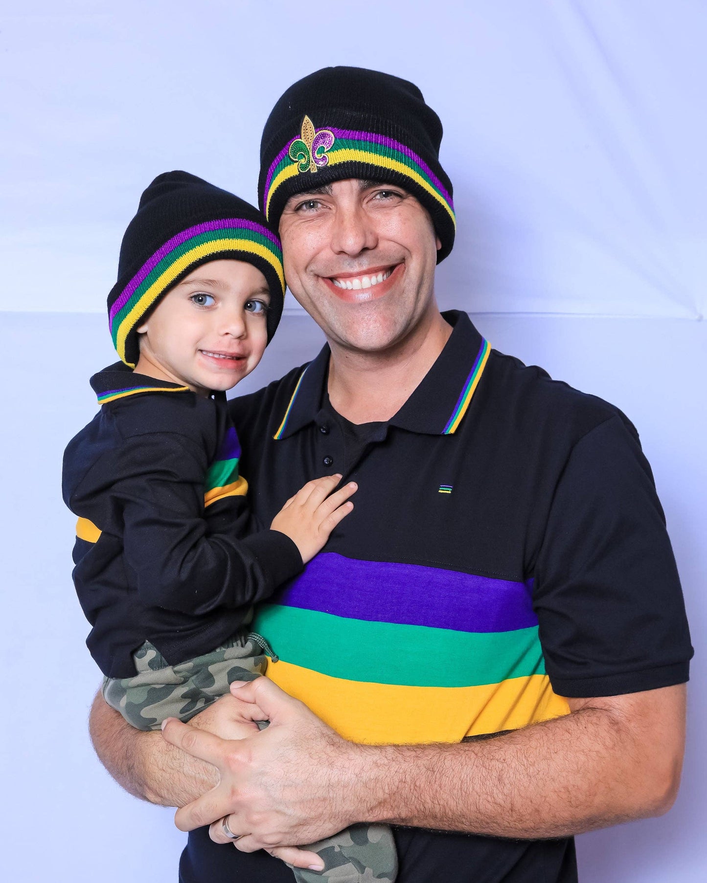 Black Mardi Gras Rugby Beanie With Purple Green And Gold Stripes