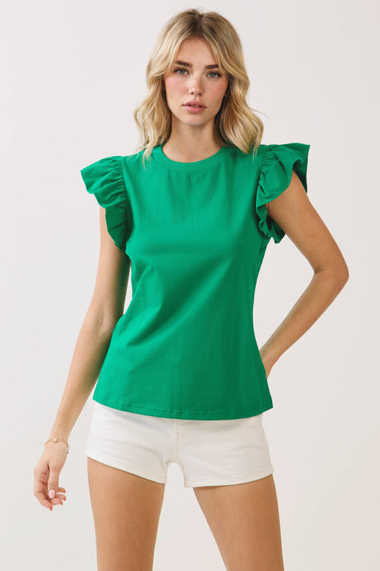 Kelly Green Ruffled Flutter Sleeve Top