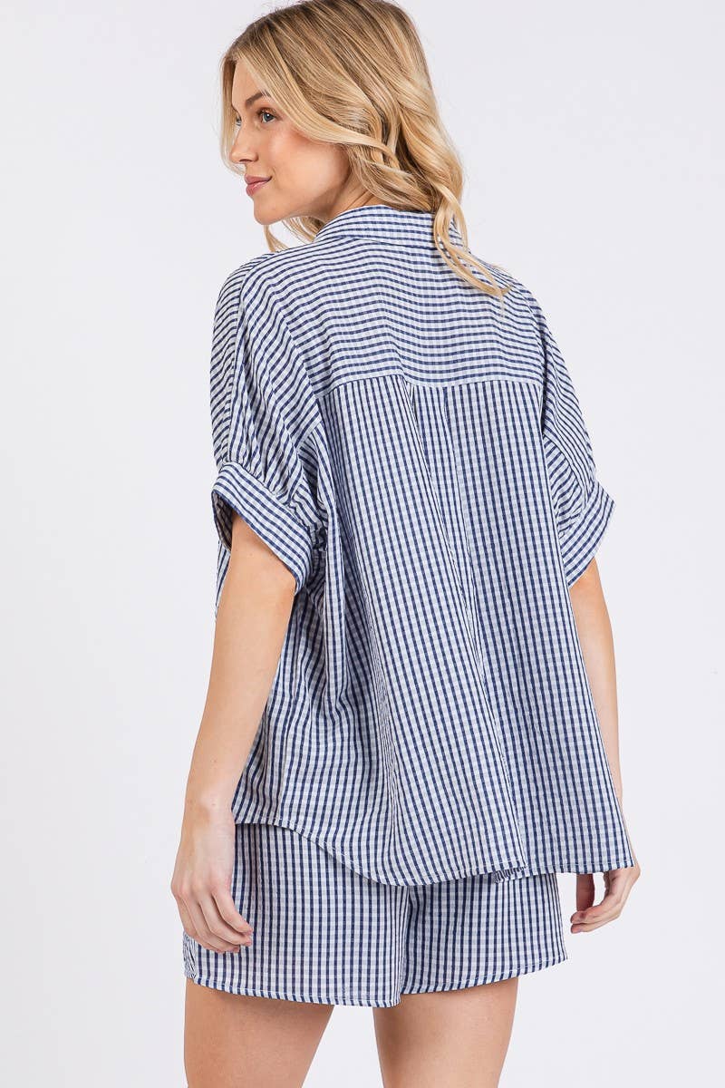 Navy Check Button Down Shorts Set