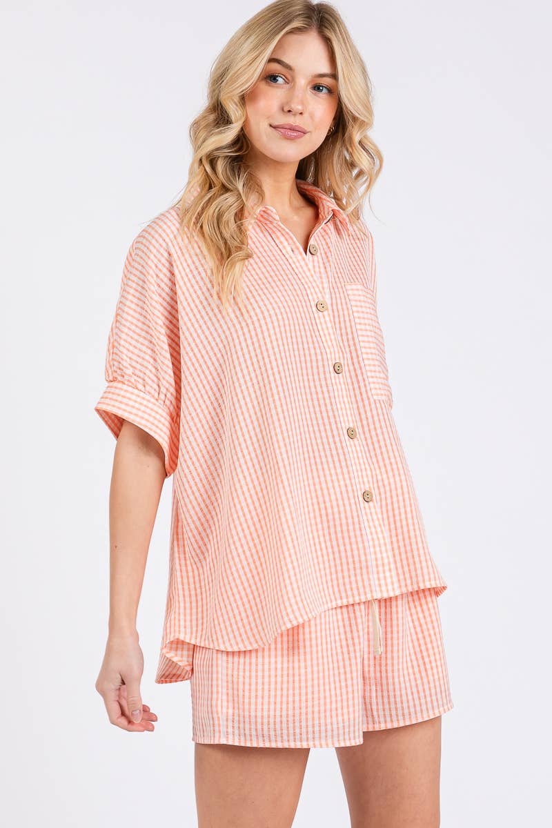 Navy Check Button Down Shorts Set