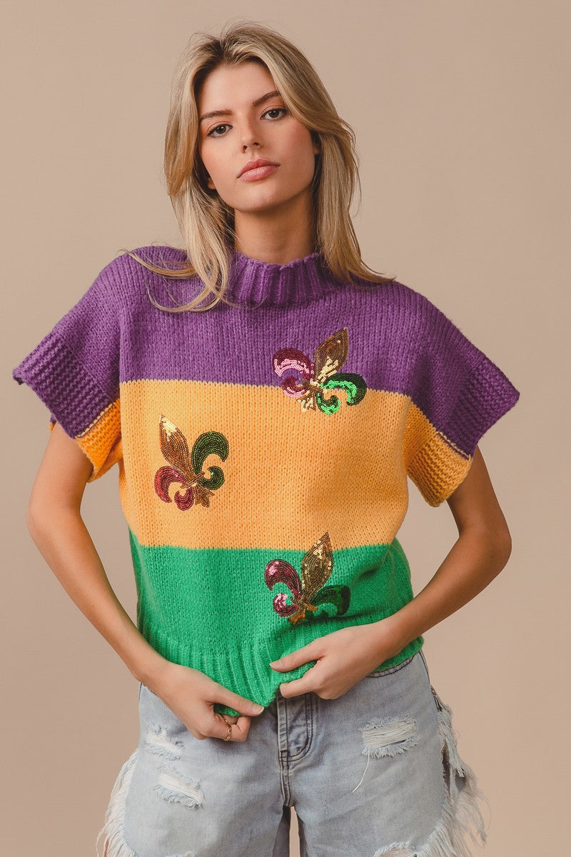 Sequin Embroidery Mardi Gras Color Sweater Top