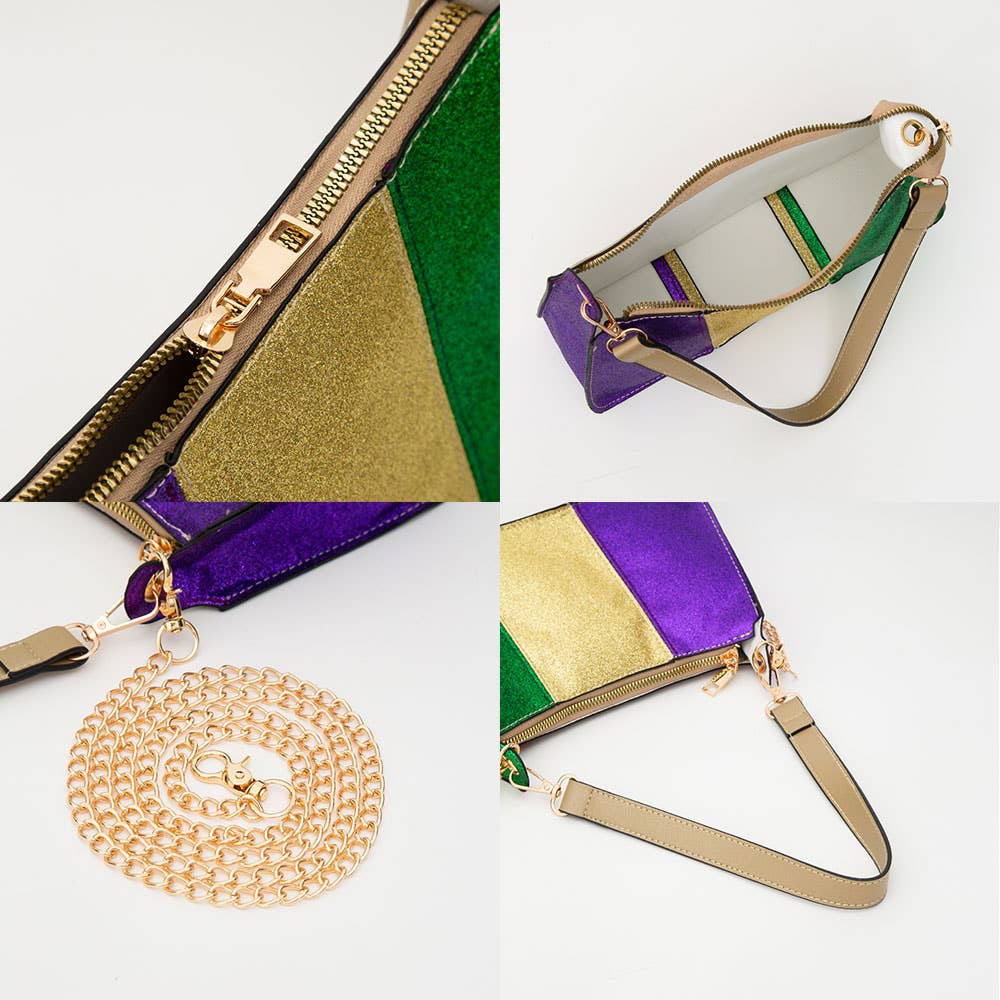 Faux Leather Mardi Gras Sparkle Front Shoulder Crossbody Bag