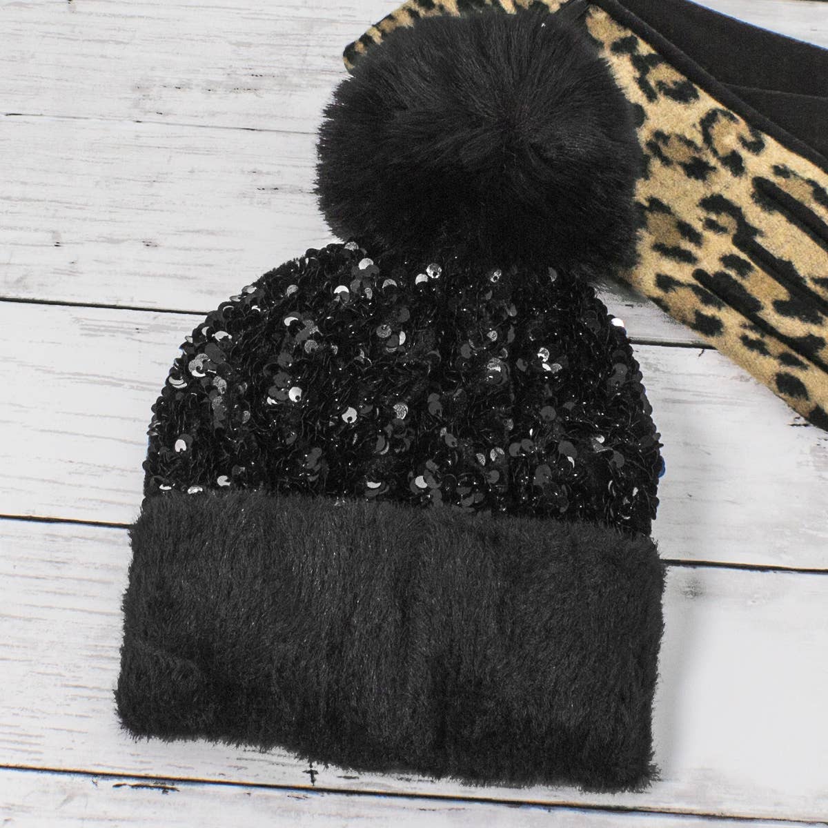 Sequin Fur Pom Fashion Beanie