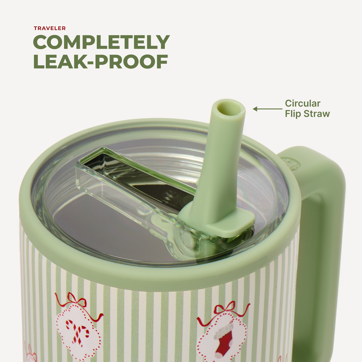Leak-proof lid with circular flip straw on the Deck the Halls HydroJug 40 oz Traveler